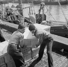 Loaders placing fish that has been taken from boats, boxed, and iced, aboard..., New York, 1943. Creator: Gordon Parks.