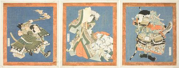 Bando Mitsugoro III as Minamoto no Yorimasa (right), Segawa Kikunojo V as Ayame no..., c. 1822. Creator: Utagawa Kunisada.