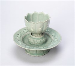 Lobed Cup and Stand with Chrysanthemum Flower Heads, Floral Sprays, and Fish Amid..., 12th/13th cent Creator: Unknown.