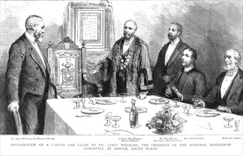 ''Presentation of a Carved Oak Chair to Dr. James Williams, the Chairman of the National...', 1890. Creator: Unknown.