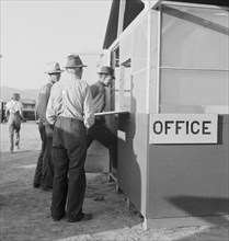Applicants at registration tent on opening day..., Merrill, Klamath County, Oregon, 1939. Creator: Dorothea Lange.