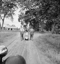 Mr. Taylor and wage laborer slide tobacco to the barn..., Granville County, North Carolina, 1939. Creator: Dorothea Lange.