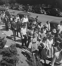 Students assembling for Peace Day address of General Smedley Butler, Berkeley, CA, 1939. Creator: Dorothea Lange.