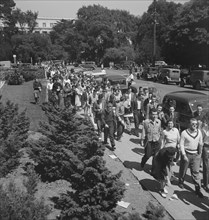 Students assembling for Peace Day address of General Smedley Butler, Berkeley, CA, 1939. Creator: Dorothea Lange.