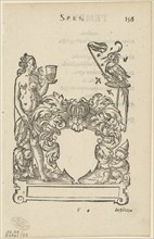Emblem with Blank Heraldic Shield, folio 156 from the Anthologia Gnomonica, 1579,...1937. Creators: Jost Ammon, Max Geisberg, Sigmund Feyerabend, Henri Estienne.