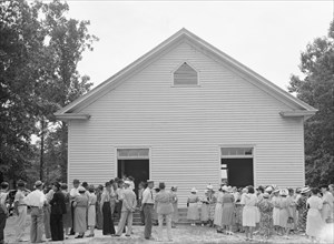 Congregation gathers in groups..., Wheeley's Church, Person County, North Carolina, 1939. Creator: Dorothea Lange.
