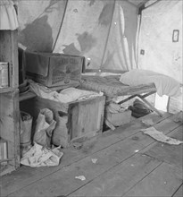 Tent interior in a pea pickers' camp, Santa Clara County, California, 1939. Creator: Dorothea Lange.