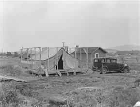 Family living in tent while building the house around them, near Klamath Falls, Oregon, 1939. Creator: Dorothea Lange.