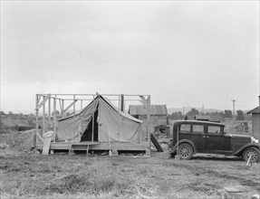 Family living in tent while building..., near Klamath Falls, Klamath county, Oregon, 1939. Creator: Dorothea Lange.
