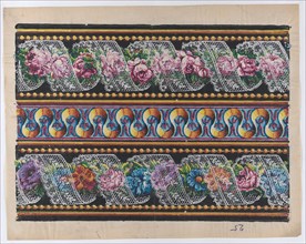 Sheet with a border with floral garlands and lace on a black backgro..., late 18th-mid-19th century. Creator: Anon.