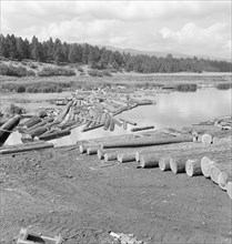Mill pond. Klamath River beyond. Log rafts and log chute to the mill. Keno, Klamath County, Oregon.