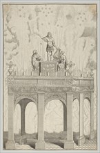 Triumphal arch with sculpture of Louis XIV as Apollo and fireworks in the background, 17th century.
