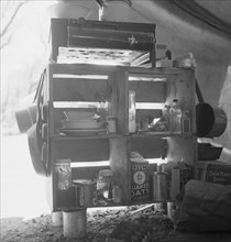 Tent interior in a labor contractor's camp, showing household equipment. Near Westley, California.