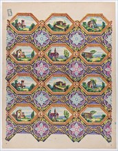 Sheet with pattern of brightly colored landscapes in hexagonal frames, late 18th-mid-19th century.