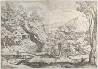 Landscape with a town in the background at the right, a winding road in the foreground, 1580-1600.