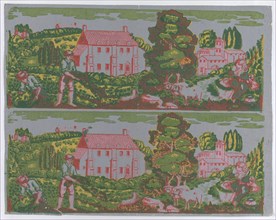 Sheet with two borders with pastoral landscapes on a gray background, late 18th-mid-19th century.