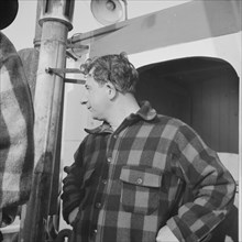 On board the fishing boat Alden out of Gloucester, Massachusetts. Pasquale Maniscaleo, engineer.