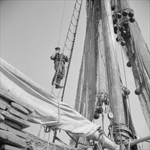 New York, New York. Gloucester fisherman standing in the rigging of a New England fishing boat.