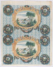 Sheet with two borders with landscapes within frames and wreaths, late 18th-mid-19th century.