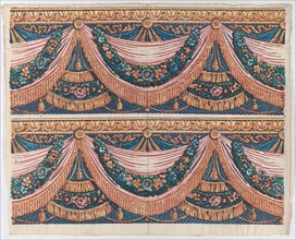 Sheet with two borders with draped curtains and floral garlands, late 18th-mid-19th century.