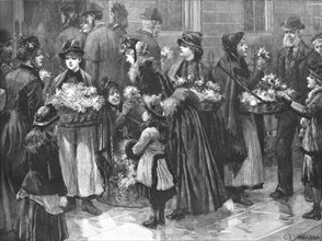 ''"For The Patients"; Flower-Girls outside the University Hospital on a visiting day', 1890.