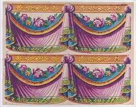Sheet with two borders with purple drapery and floral designs, late 18th-mid-19th century.