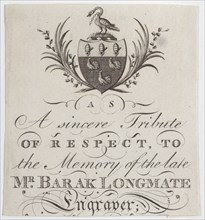 Memorial Card for Mr. Barak Longmate, genealogical editor and heraldic engraver, ca. 1793.