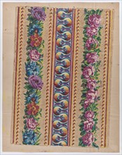Sheet with a border with pink and multicolor floral garlands, late 18th-mid-19th century.