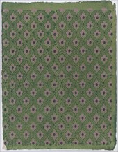 Sheet with overall pink floral pattern on green background, late 18th-mid-19th century.