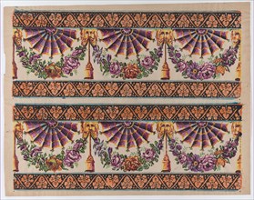 Sheet with two borders with three fans and floral garlands, late 18th-mid-19th century.