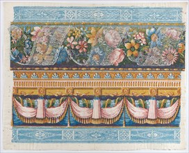 Sheet with lace atop a floral garland with drapery below, late 18th-mid-19th century.
