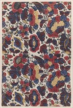 Paste end paper with overall pattern of red, blue, and yellow flowers, 19th century.