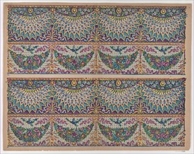 Sheet with five bouquets on a blue checkered background, late 18th-mid-19th century.