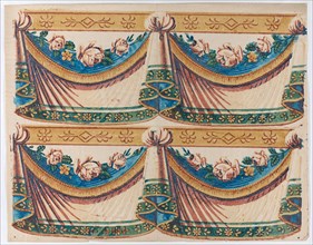 Sheet with two borders with drapery and floral designs, late 18th-mid-19th century.