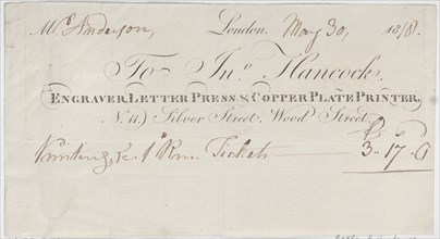 Trade Card for John Hancock, Engraver, Letter Press & Copper Plate Printer, 1818.