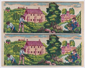 Sheet with two borders with pastoral landscapes, late 18th-mid-19th century.