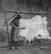 Method of scraping hide for softening. Indian fishing village. Oregon.