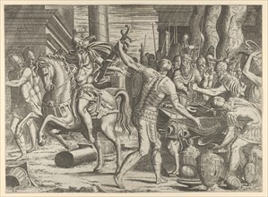 Brennus throwing his sword on the scales before Camillus, 1540-56.