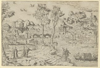 Landscape with ruins, courtiers, and a gondola, 1526-50.