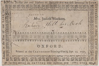 Book Label for Mrs. Judith Hackam, 19th century.