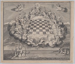 Heavenly Scene with the Gods of Olympus Surrounding a Chess Board, 1723-1741. Creator: John Carwitham.