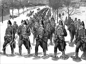 ''Returning from Snow-Shoe Drill; The Regiment of Canadian Artillery passing through the..., Quebec. Creator: Unknown.
