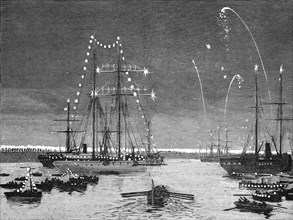 ''The Duke and Duchess of Connaught leaving Colombo Harbour at night', 1890. Creator: Unknown.