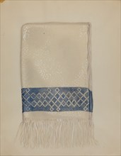Cotton Towel - Blue Border and Fringe, c. 1937. Creator: Eva Wilson.