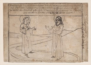 Elias and Enoch Descend from Heaven, from a Quindecim signa extremi judicii diem ..., ca. 1465-1475. Creator: Anon.