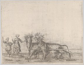 Procession, with two figures and two lions, 16th century., 16th century. Creator: Anon.