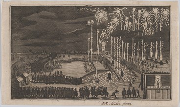 Firework display, Nuremberg 1649, reduced copy of 'Kurze Beschreibung dess kunstlich..., after 1649. Creator: Anon.
