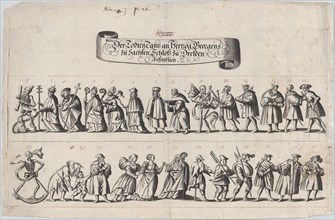Plate from a book showing a procession of men and women with a skeleton at the beg..., 17th century. Creator: Anon.