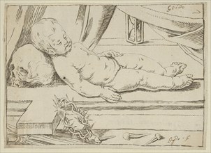 The infant Christ asleep on a cross, his head resting on a skull, a crown of thorn..., 17th century. Creator: Anon.