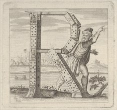 The letter R, constructed from a court pack of playing cards, stands on a riva (ri..., 18th century. Creator: Anon.